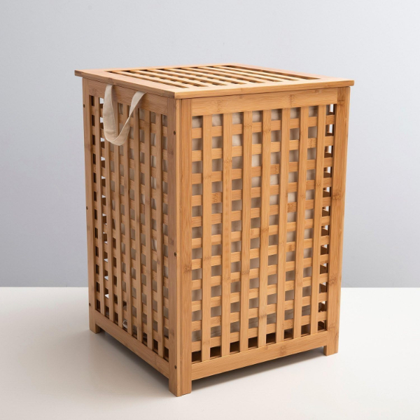 Büyük Boy Ahşap Bambu Kirli Sepeti 45x45x62  - 3