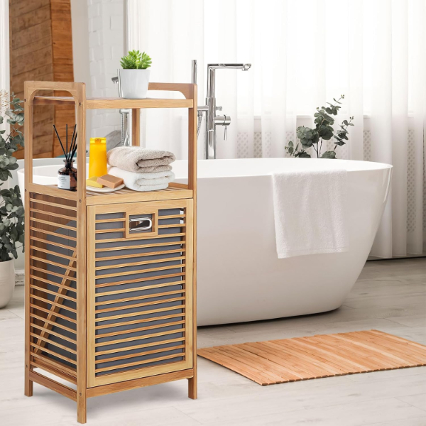 2 Organizer Raflı Ahşap Bambu Çek-Aç Kirli Sepeti - 4