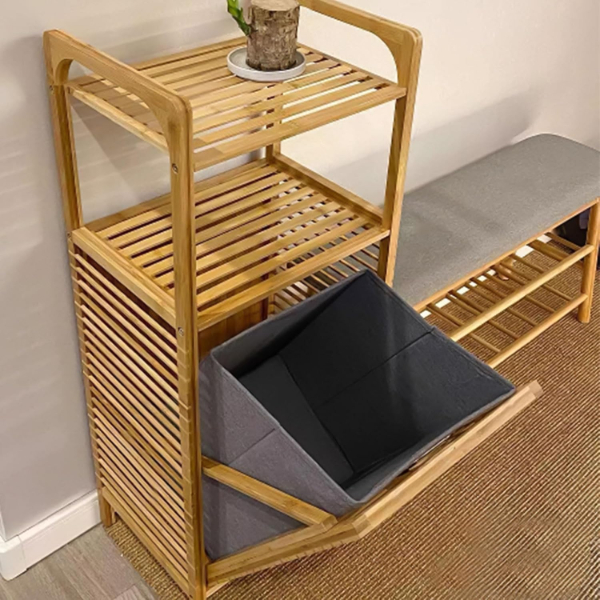 2 Organizer Raflı Ahşap Bambu Çek-Aç Kirli Sepeti - 5