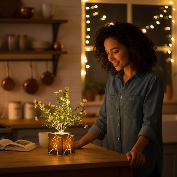 Siyah Saksılı LED Yapay Çiçek  - 4