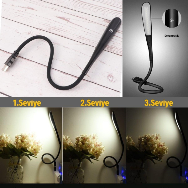 Kompakt USB Siyah 14 Ledli 3 Kademeli Dokunmatik Okuma Lambası - 2