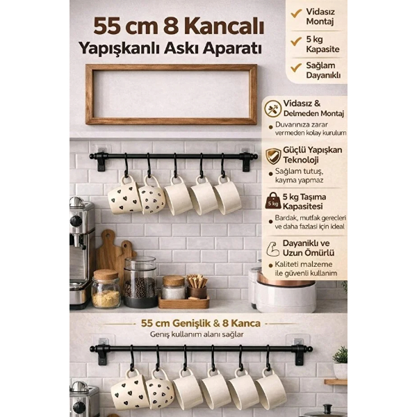 8 Kancalı Yapışkanlı Askı Aparatı - 2