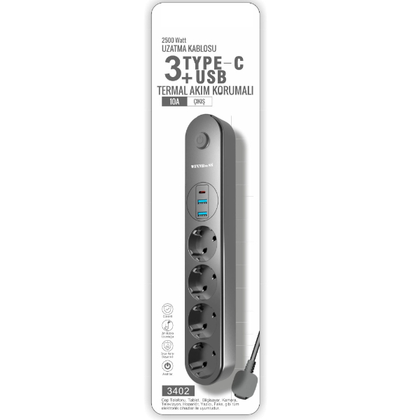 Termal Akım Korumalı 4 Prizli USB Girişli Uzatma Kablosu  - 2