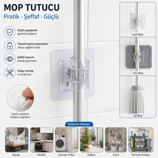 Çok Amaçlı Kıskaçlı Yapışkanlı Kablo ve Mop Tutucu  - 3