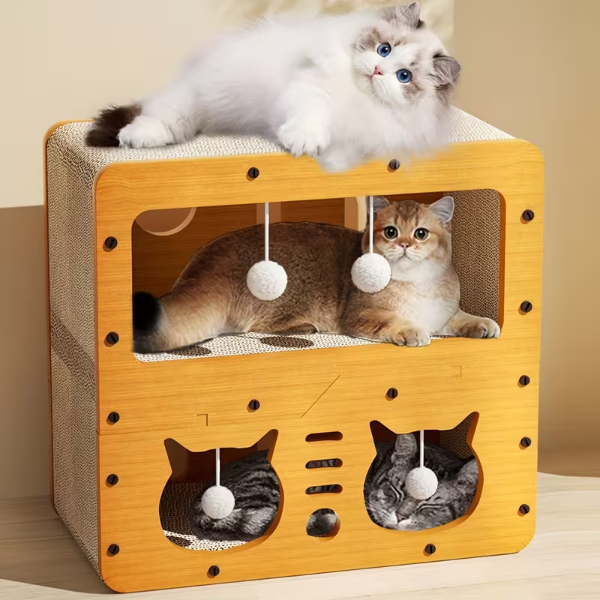 Ahşap İki Katlı Tırmalamalı Kedi Oyun Evi - 4