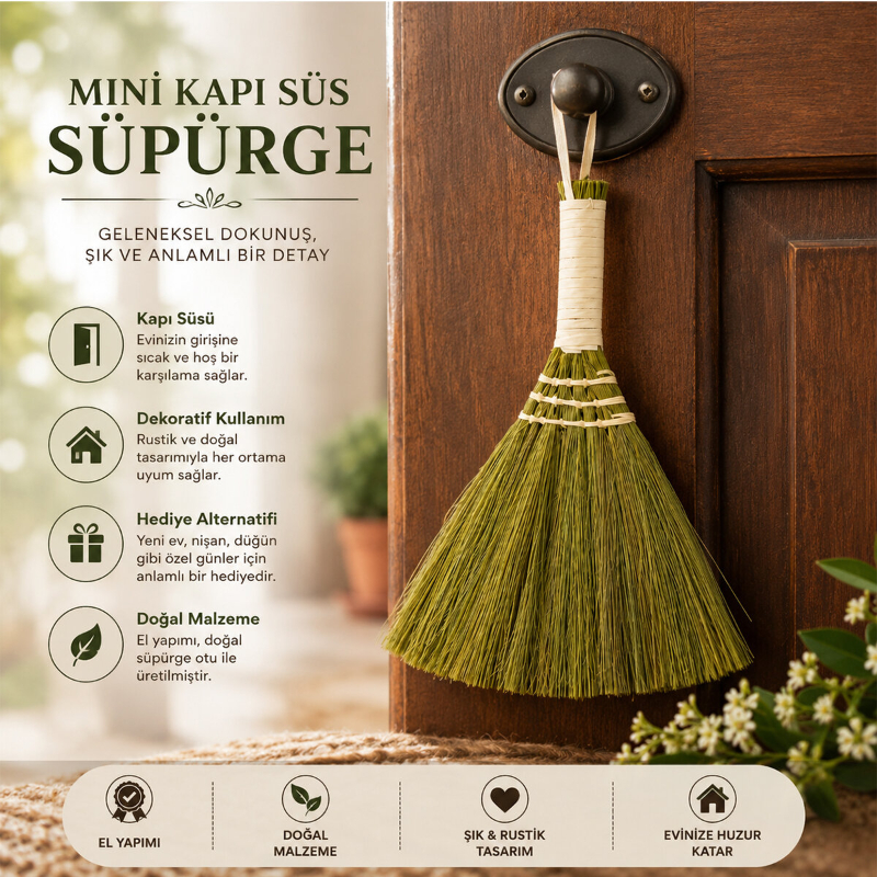 Mini Süpürge Tasarımlı Kapı Süsü - Hasır Saplı - El Yapımı Rustik Dekor - 2