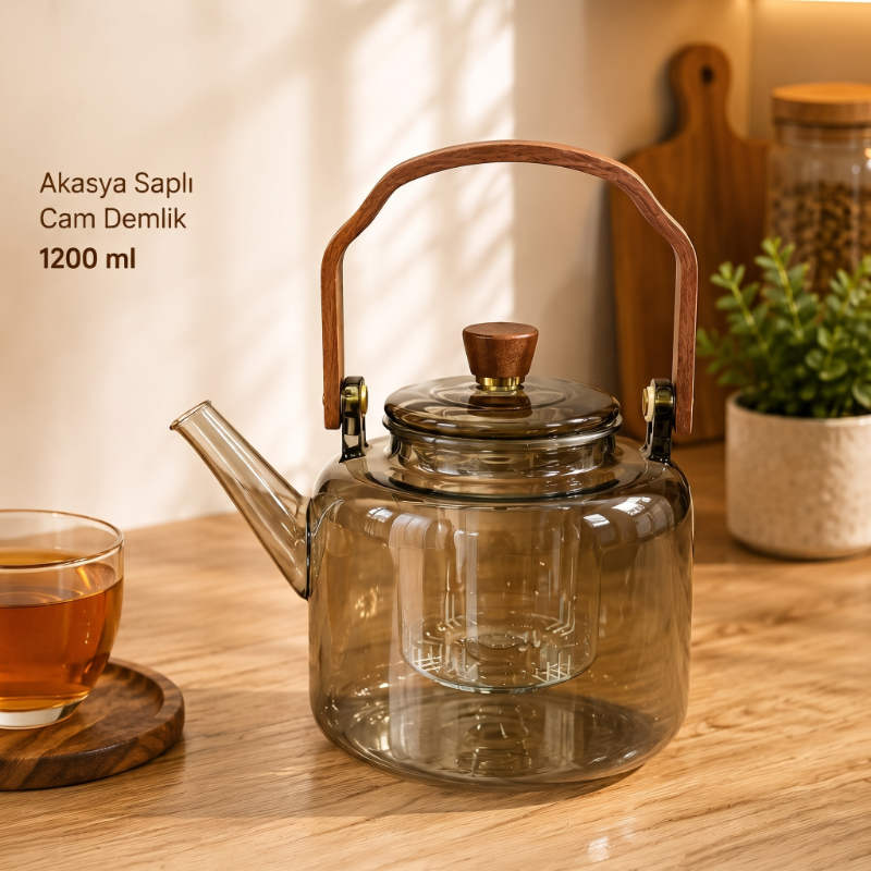 Akasya Saplı Demlik - 1200 ml - Borosilikat Cam