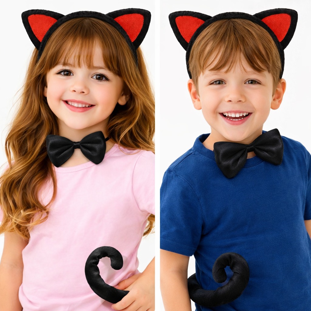 Kırmızı Kulaklı Kedi Kostüm Seti – Taç, Papyon, Kuyruk  - 2